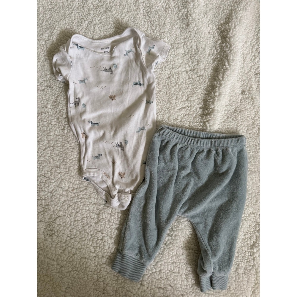 Carter's Bodysuit Pants Set Baby 6M Blue White Excellent Dog Bear 2pc Outfit